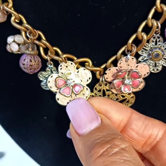 VNT PINK Floral Necklace Baubles Beads Flowers PINK metal Petals Fairy Steampunk - Picture 7 of 8